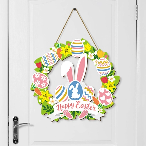 Easter Door Sign Wooden Wreath Bunny Ears Colorful Eggs Happy Easter Decorative Wall Hanging For Farmhouse Party Home Decor