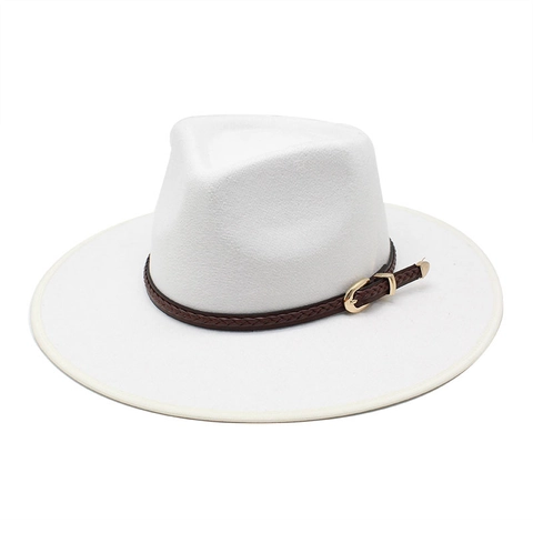 Vintage Fedora Hat Wide Flat Brim Felt Jazz Hat With Braided Leather Band Gold Metal Buckle Unisex