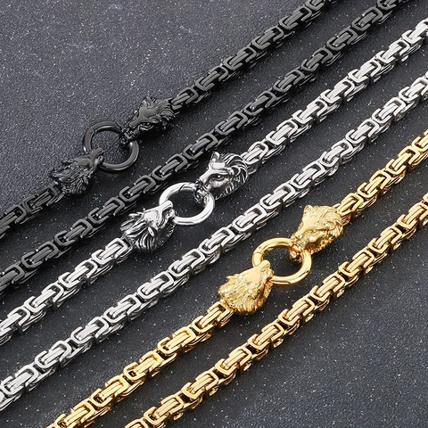 Collana Catena Bizantina Acciaio Inossidabile Due Teste Di Leone Chiusura Ad Anello Tondo Punk Gotico Retro Uomo