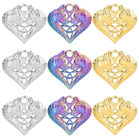 Vintage Stainless Steel Heart Wolf Head Pendant Necklace Celtic Knot Hollow Design Gothic Viking Jewelry For Women Men