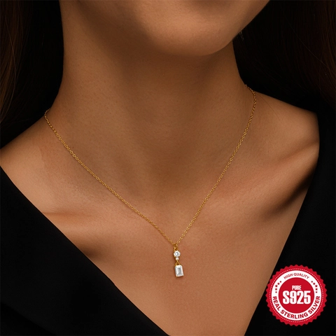 Collar De Plata De Ley 925 Chapado En Oro Colgante De Circonita Cuadrada Talla Esmeralda Joyas Geométricas Para Mujer