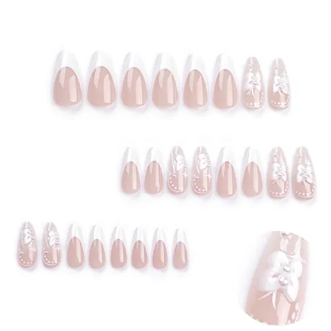 Unghie Finte Press On 3D Fiocco Bianco French Tip Forma Mandorla Perla Artificial Nude Rosa Dolce Elegante Unghie Per Donna