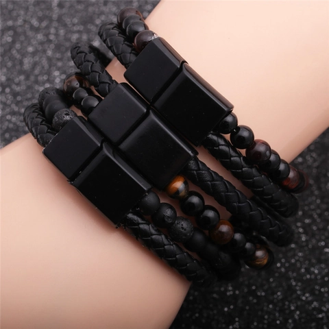 Bracciale Uomo Doppio Strato Acciaio Inossidabile Chiusura Magnetica Occhio Di Tigre Pietra Lavica Pelle Intrecciata Urban Casual