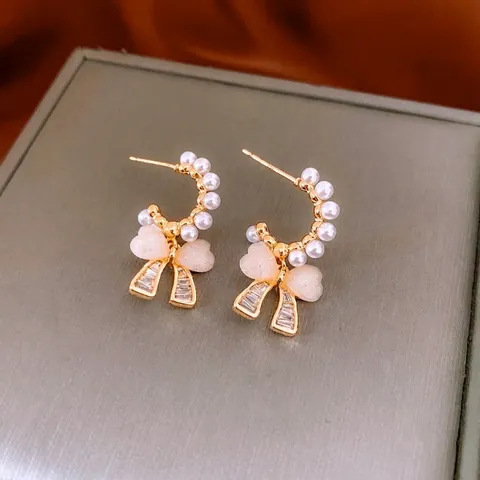 Orecchini Künstliche Perle Fiocco Rame Zircone Cuore Rosa Stile Dolce Lusso Per Donna Con Perno In Argento
