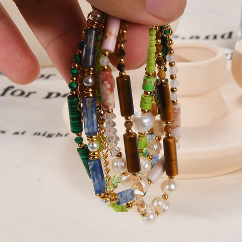 Pulsera de Cuentas Hecha a Mano de Perlas de Agua Dulce y Piedra Natural Acero Inoxidable Joyería Vintage Para Mujer