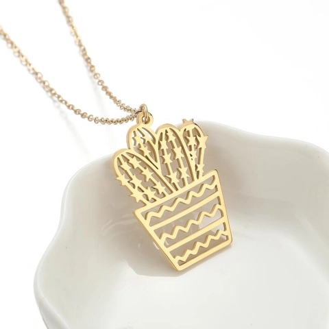 Collar Con Colgante De Acero Inoxidable Minimalista Con Diseño De Cactus En Maceta Hueca Para Mujer Estilo Diario