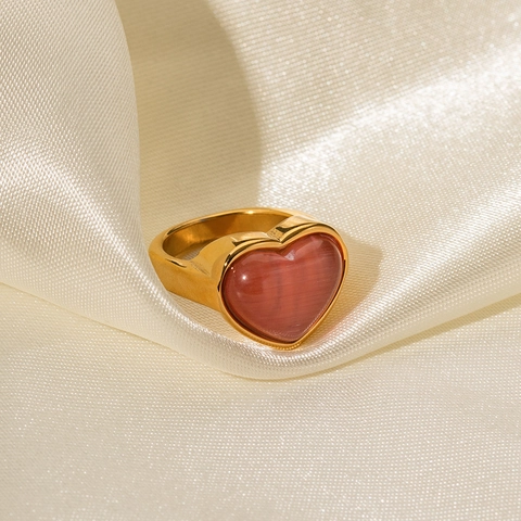 Ins Fashion 18K Gold Plated Stainless Steel Heart Ring For Women Pink Cat Eye Stone Light Luxury Elegant Finger Ring Jewelry