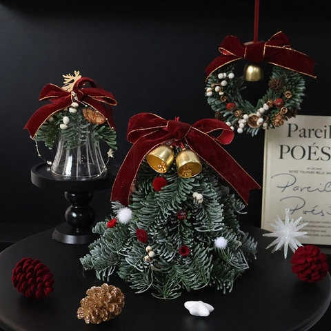 Mini Christmas Tree Tabletop Ornament With Velvet Bow Gold Bells Simulated Pine Desktop Decoration For Holiday Gift