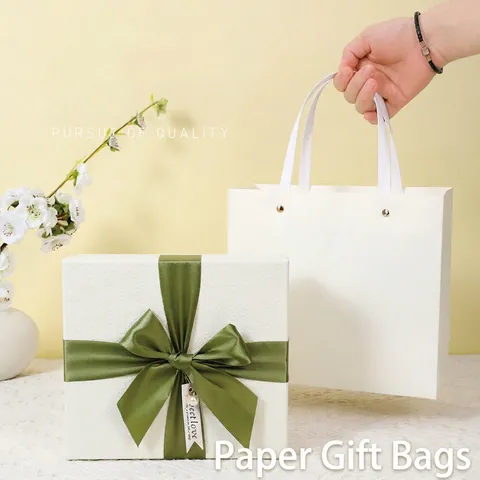 Minimalist Solid Color Gift Paper Bag With Ribbon Handle And Metal Rivets For Wedding Birthday Party Festival