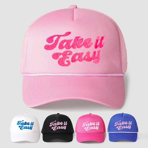 Trucker Hat Mesh Cap Take It Easy Letter Embroidery Adjustable Polyester Breathable Sun Protection Streetwear Unisex