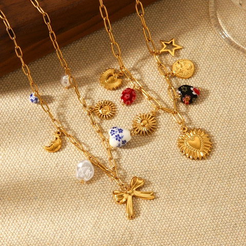 Pendant Necklace Stainless Steel With Faux Artificial Pearl Ceramic Beads Heart Sun Moon Bow Charms For Women Retro Bohemian Style