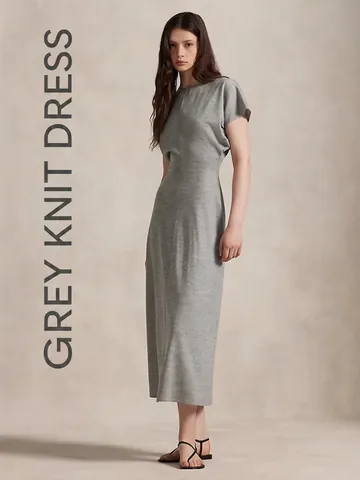 Elegant Knit Midi Dress Women Round Neck Short Sleeve Ruched Waist Slim Fit Vintage Retro Commuter Style Solid Grey