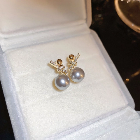 Pendientes Colgantes De Imitación De Perla Artificial Gris Para Mujer Nudo Geométrico Circón Cobre Con Poste De Plata Elegante