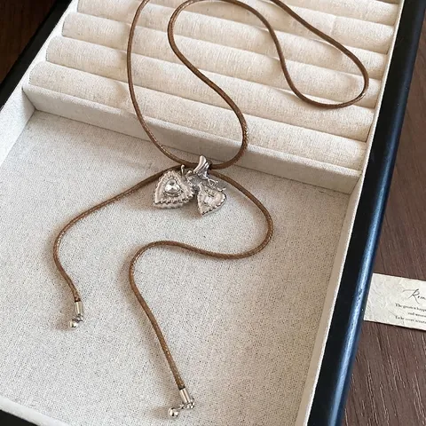 Collana Con Pendente A Cuore Rame Zircone Cordino Marrone Catena Maglione Vintage Elegante Minimalista Gioielli Per Donna