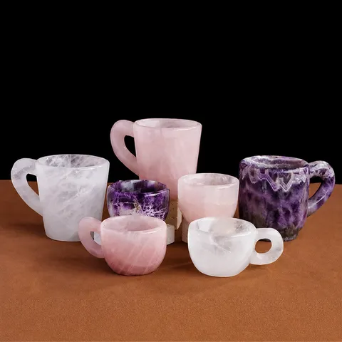 Natural Amethyst Rose Quartz Clear Crystal Mug Healing Stone Coffee Cup Desktop Lucky Ornament With Red Gift Box Set
