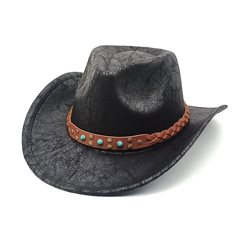 Western Cowboy Hat Vintage Faux Leather Texture Wide Brim Jazz Hat With Braided Belt Rivets Turquoise For Men Women