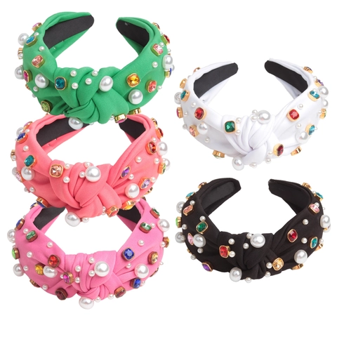 Cerchietto Per Capelli Con Nodo In Tessuto Da Donna Con Künstliche Perle Imitazione E Strass Colorati Elegante