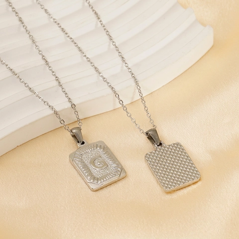 Initial Pendant Necklace Stainless Steel Square Tag Letter Charm Sunburst Texture Vintage Fashion Jewelry Women