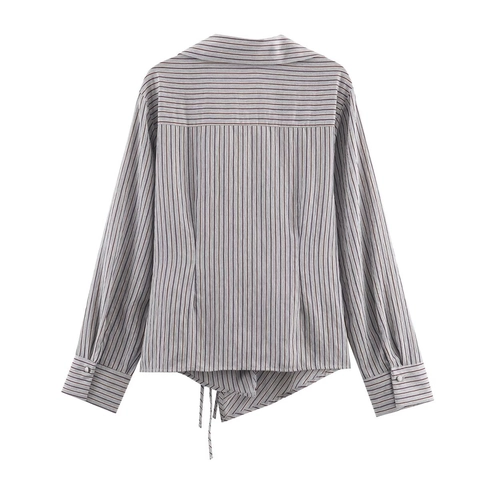 Gestreifte Langarmbluse Damen V Ausschnitt Seitlich Bindeknoten Modisch Elegant Asymmetrischer Saum Polyester Top Casual Hemd