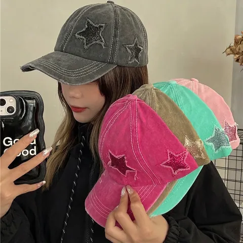 Cappello Da Baseball Da Donna In Cotone Lavato Con Foro Per Coda Di Cavallo Distressed Vintage Patch Stella Luccicante Regolabile Protezione Solare