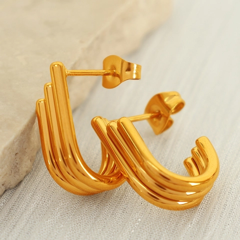 Geometric U-Shaped Stud Earrings Multi-Layer Linear Oval Design Stainless Steel Gold Plated French Style For Women