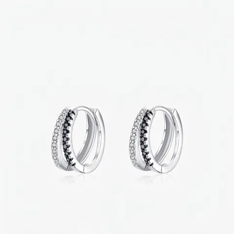 Orecchini A Cerchio In Argento Sterling 925 Con Zirconi Neri E Bianchi A Doppia Fila Eleganti Per Donna