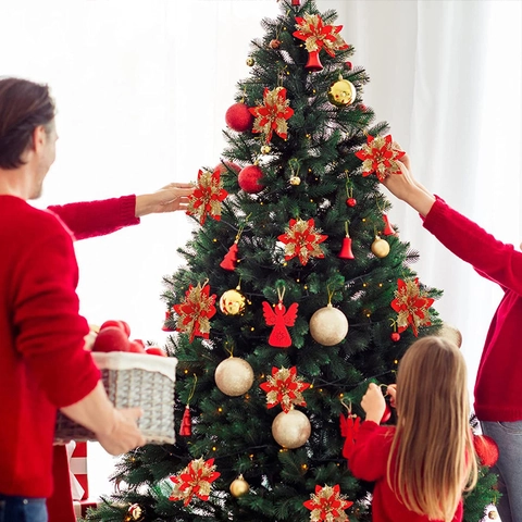 Shimmering Artificial Poinsettia Flowers Christmas Tree Decorations Glitter Floral Ornaments Wreath Garland Festive Home Decor