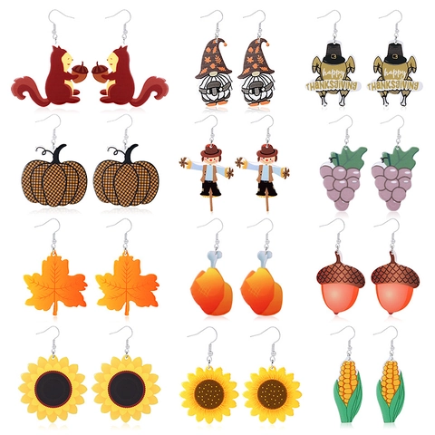 Thanksgiving Theme Earrings Alloy Enamel Acrylic Maple Leaf Turkey Pumpkin Sunflower Earring Post Jewelry For Women Girls