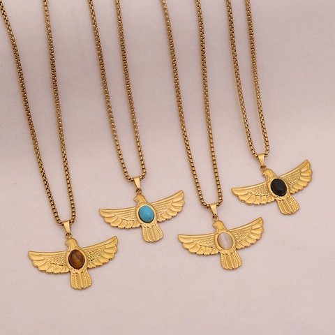 Collana Con Ciondolo Aquila Vintage Acciaio Inossidabile Placcato Oro Con Turchese Agata Conchiglia Pietra Occhio Di Tigre