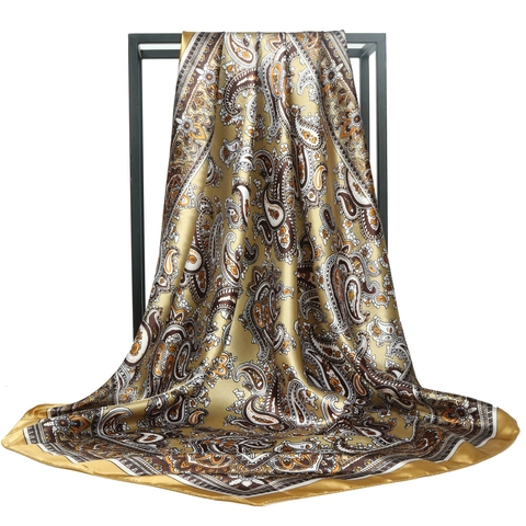 Vintage Paisley Floral Print Satin Polyester Square Scarf Retro Boho Large Headscarf Neck Scarf For Women