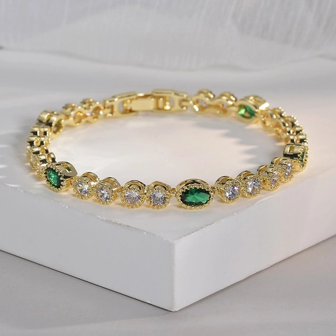 Luxe Vergulde Zirconia Edelsteen Tennis Armband Voor Dames Vintage Geometrische Rode Groene Blauwe Steen Sieraden