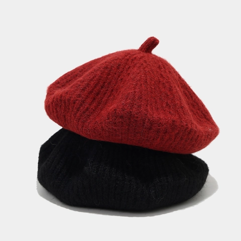 Women Retro Knitted Beret Hat Solid Color Polyester Painter Pumpkin Cap Warm Winter Casual Slouchy Beanie Hat Fashion Accessories