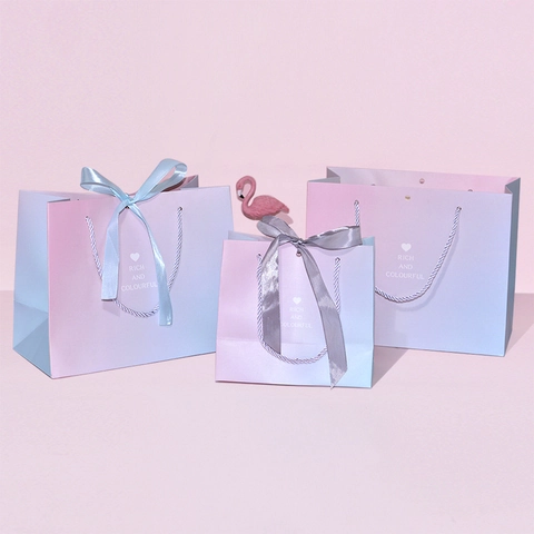 Gradient Pink Blue Gift Paper Bag With Satin Ribbon Bow White Cardboard Handbag For Wedding Birthday Party Packaging