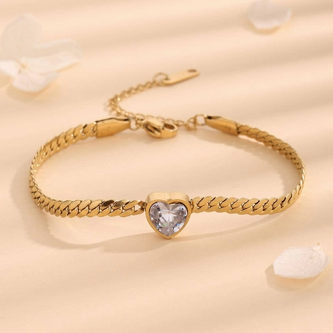 Bracelet Zircone En Forme De Coeur Femmes Acier Inoxydable 304 Plaqué Or 18K Bijoux Mode Élégants