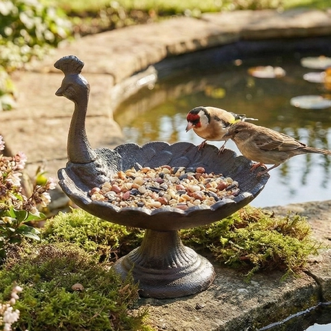 Vintage Cast Iron Bird Feeder Peacock Animal Shaped Metal Seed Tray Outdoor Garden Yard Decoration Antique Heavy Duty