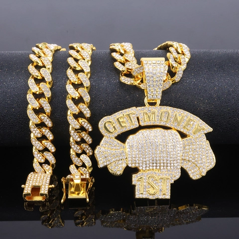 Hip Hop Pendant Necklace Alloy Rhinestone Get Money 1ST Iced Out Cuban Link Chain Jewelry For Men Women