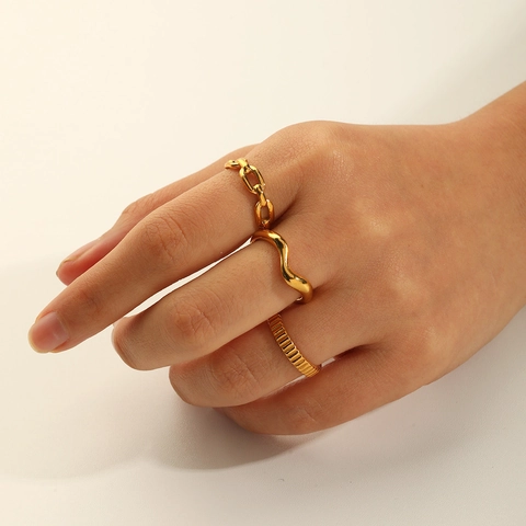 Anelli Geometrici Regolabili Acciaio Inossidabile Placcato Oro 18K Aperto Texturizzato Irregolare Gioielli Moda Donna