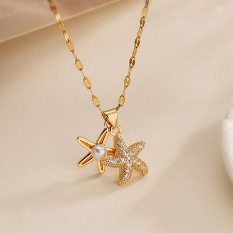 Collana Con Pendente Doppia Stella Marina In Rame Placcato Oro 18K Con Zircone E Perla Artificial Elegante Catena Da Clavicola Per Donna