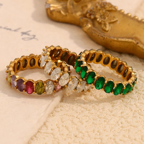 Fashion Stainless Steel Oval Rhinestone Eternity Ring 18K Gold Plated Colorful Gemstone Band Jewelry For Women Gift