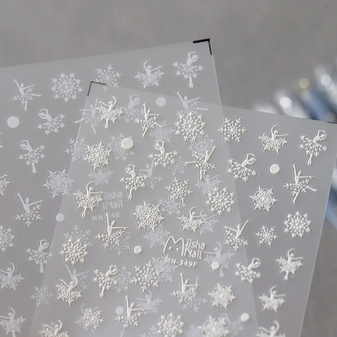 Autocollants Ongles Relief 5D Flocon Neige Blanc Danseuse Étoile Stickers 3D Auto Adhésifs PET Décoration Manucure Hiver Noël