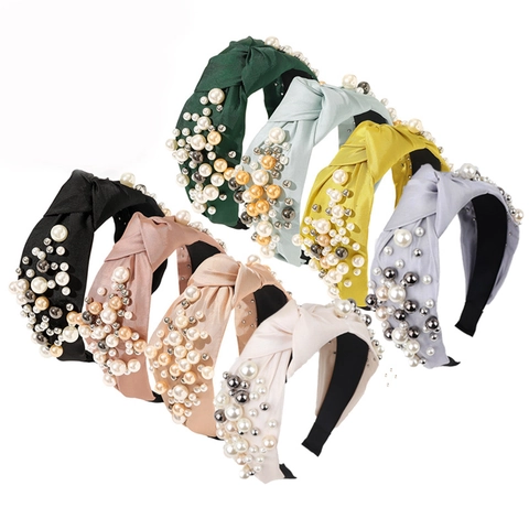 Women Wide Knotted Artificial Pearl Headband Fashion Satin Fabric Hairband Retro Bead Hair Accessories Elegant Headwear