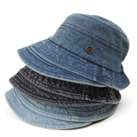 Washed Denim Bucket Hat Retro Distressed Cotton Sun Hat Breathable Adjustable Metal Logo For Women Japanese Chic Style