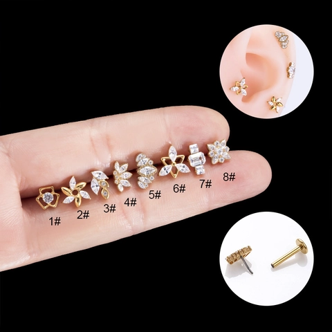 G23 Titanium Kraakbeen Oorknopjes Bloem Blad Ster Zirconia Platte Achterkant Draadloze Push Pin Piercing Sieraden Voor Dames