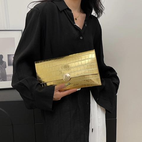 Pochette A Busta Da Donna In Pelle PU Con Motivo Coccodrillo Oro Argento Metallizzato Borsa Da Sera Fibbia Rotonda