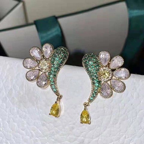 Boucles D Oreilles Pendantes Fleur Cuivre Zircone Colorée Long Pendentif Goutte D Eau Style Floral Pour Femmes
