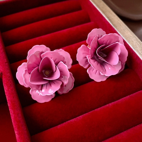 3D Flower Rose Stud Earrings With Silver Earring Post Alloy Enamel Floral Pink Vintage Sweet Jewelry For Women