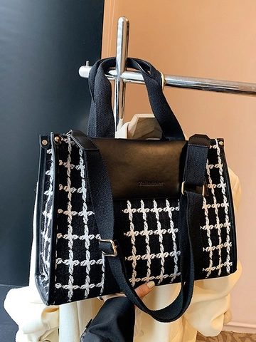Ρετρό Τσάντα Tote Με Σχέδιο Houndstooth Μεγάλη Χωρητικότητα Υφαντό Ύφασμα Δέρμα PU Τσάντα Ώμου Χιαστί Για Γυναίκες Μόδα