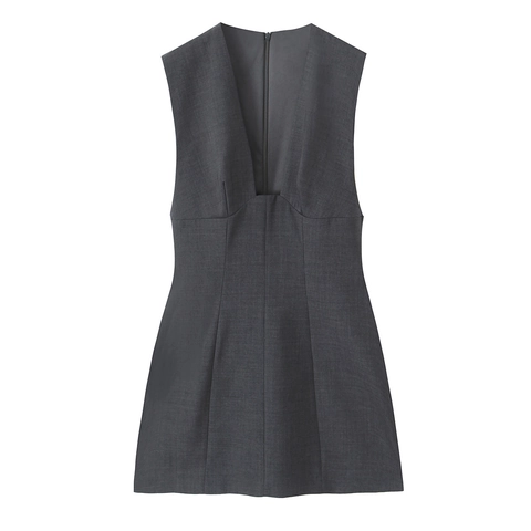 Vestido Mini Sin Mangas Con Cuello En V Profundo Poliéster Color Sólido Ajuste Delgado Elegante Bodycon De Fiesta Gris Oscuro