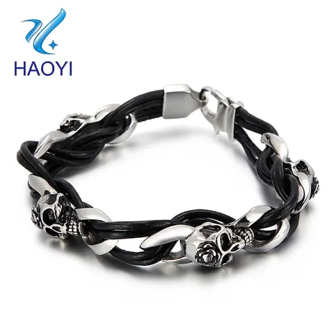 Bracciale In Pelle Intrecciata Da Uomo Con Teschio In Acciaio Inossidabile Gioielli Punk Gotici Retro Rock