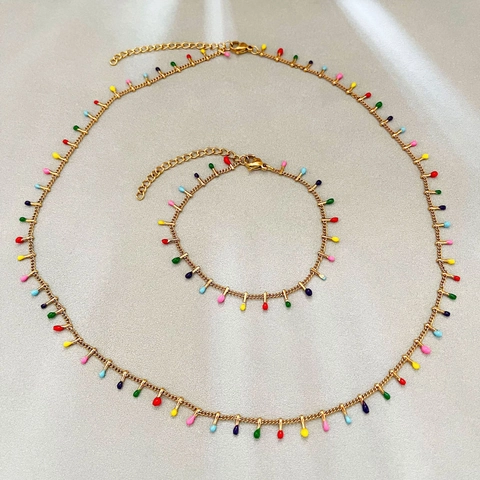 Stainless Steel Necklace And Bracelet Colorful Enamel Teardrop Pendants Bohemian Gold Plated Adjustable Jewelry For Women